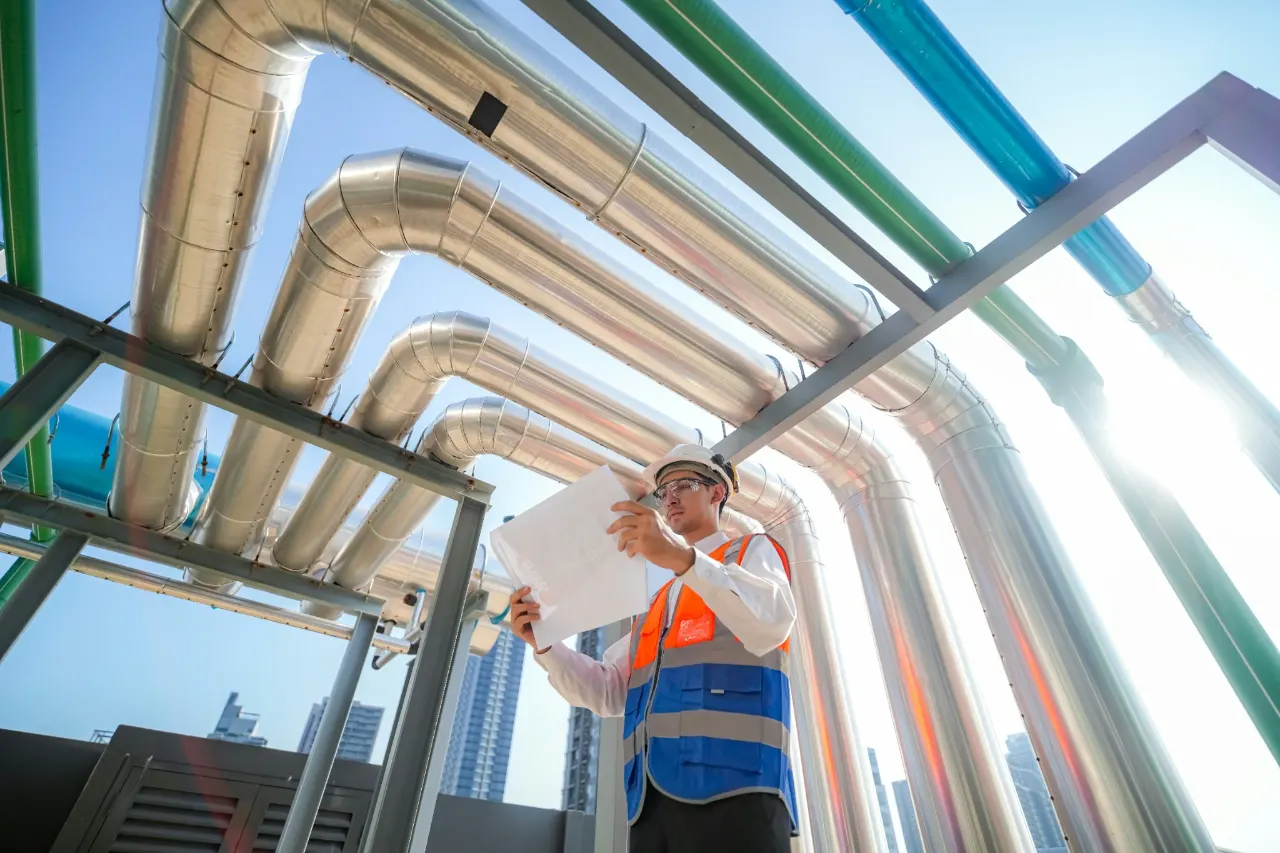 An engineer in a hard hat and high-visibility vest reviews drawings beneath insulated pipe runs on a rooftop plant deck